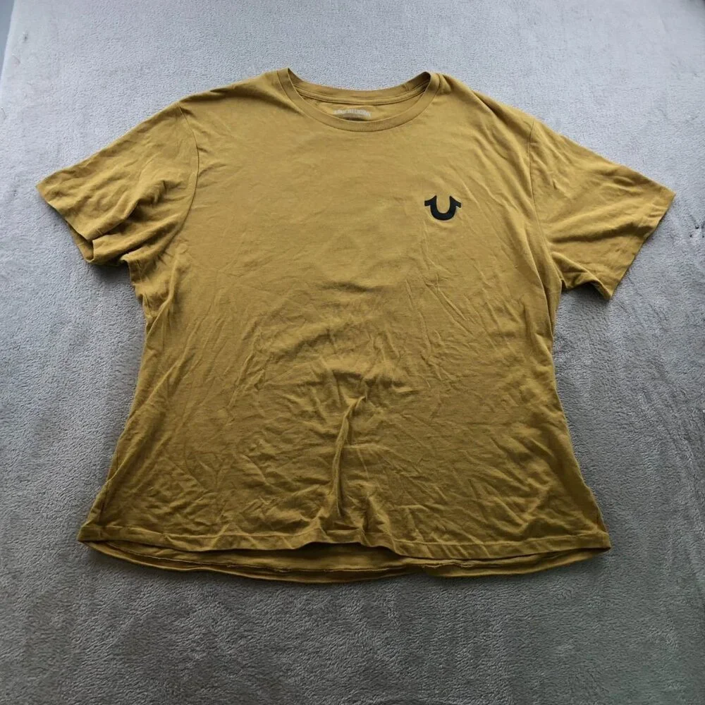 True Religion Mens T-Shirt Size 2XL Short Sleeve Yellow Graphic Tee Casual Crew